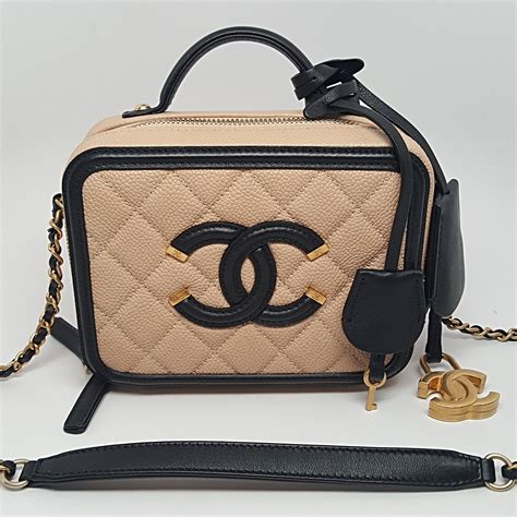 chanel filigree vanity case beige black|chanel vintage vanity case bag.